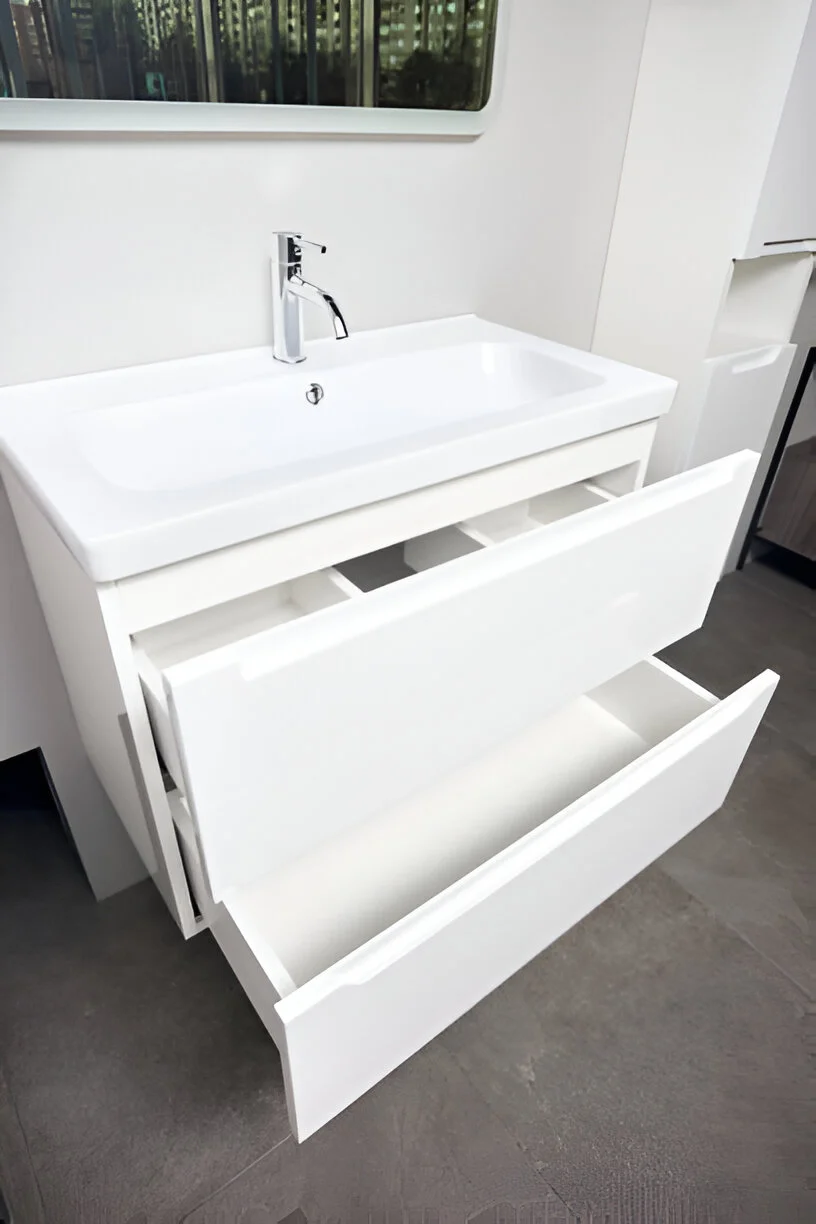 floating vanities in small bathroom