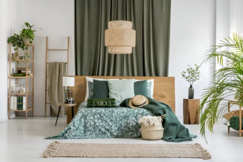 sage green wallpaper & curtains