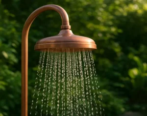 Close-up of a copper outdoor showerhead mounted on a wooden wall, with water flowing in a backyard garden setting