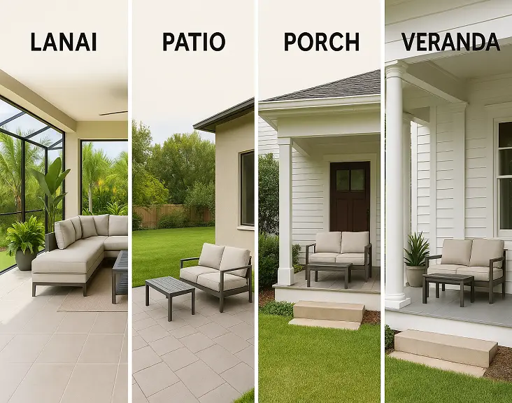 Diagram comparing lanai, patio, porch, and veranda structure and enclosure