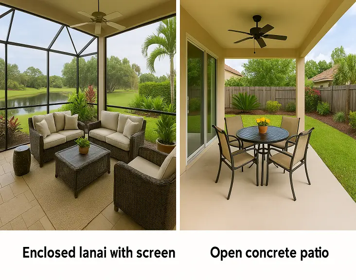 Enclosed lanai with screen vs open concrete patio example