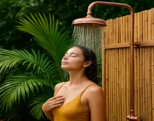 Copper outdoor shower with bamboo privacy screen and palm plants