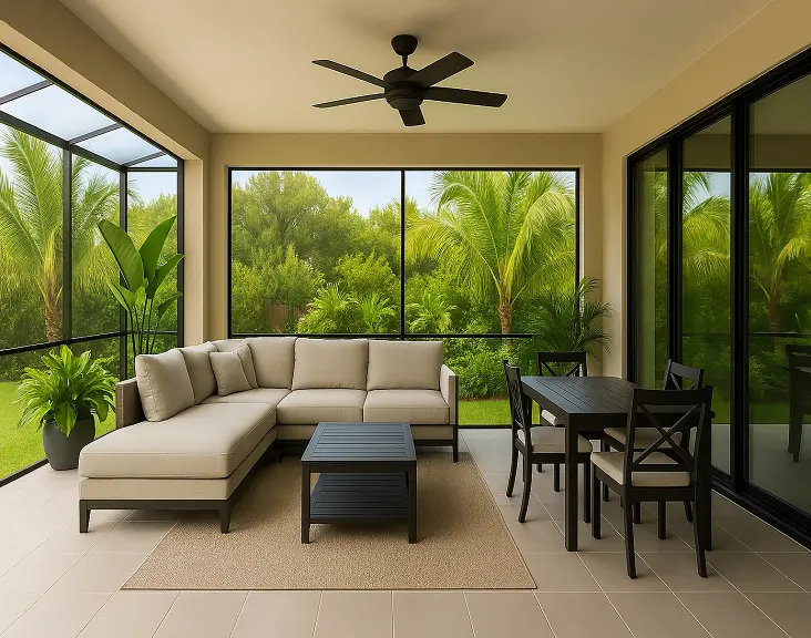 Florida lanai furniture layout with sectional, dining set, and ceiling fan