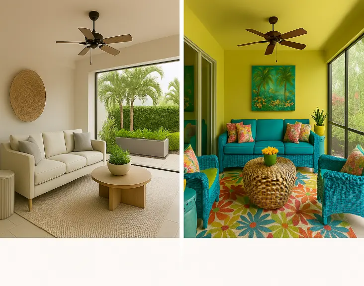 Side-by-side of modern neutral vs tropical colorful lanai design styles