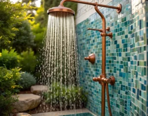 Mediterranean style copper outdoor shower with mosaic tiles