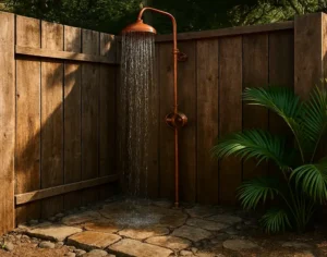 Rustic copper outdoor shower with wooden enclosure and stone base
